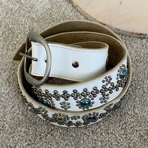 B-Low the Belt White Leather Studded Belt with Iridescent Gems